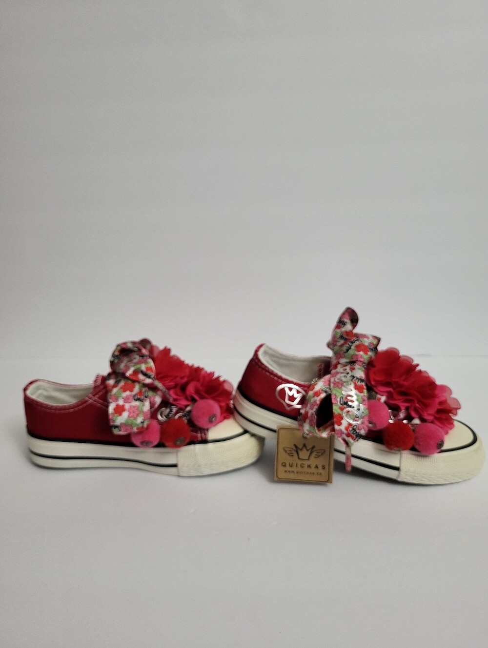 Kids Red & Cream Canvas Slip-On Sneakers with Pom Pom Accents